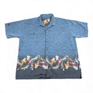 Vintage Koi Fish Shirt Adult 2XL Blue Japanese Seigaiha Waves No Boundaries Y2K